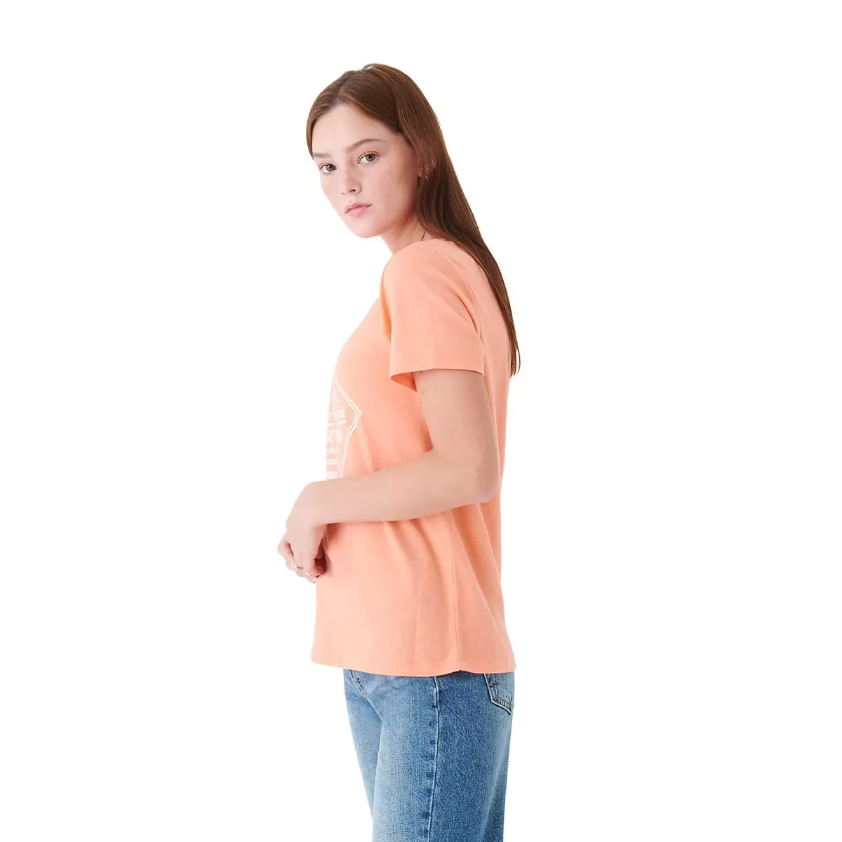 Lucky Brand 女圓領印花短袖上衣 橘 XS