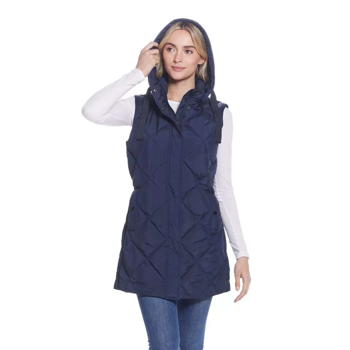Weatherproof 女連帽菱格長版背心 深藍