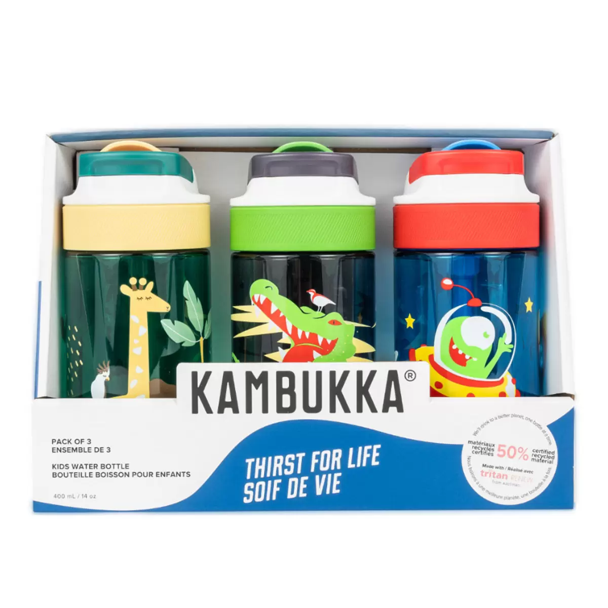 Kambukka 兒童隨身水瓶 400毫升 X 3件組 鱷魚 + 長頸鹿 + 外太空