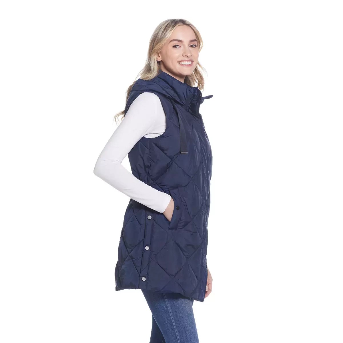Weatherproof 女連帽菱格長版背心 深藍