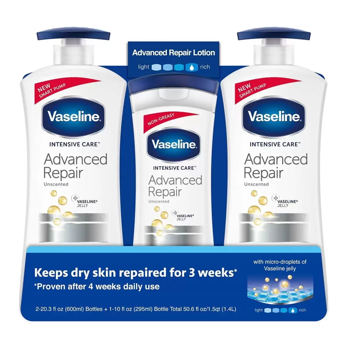 Vaseline 進口凡士林潤膚乳液 – 專業修護(白) (600毫升 X 2入 + 295毫升 X 1入)