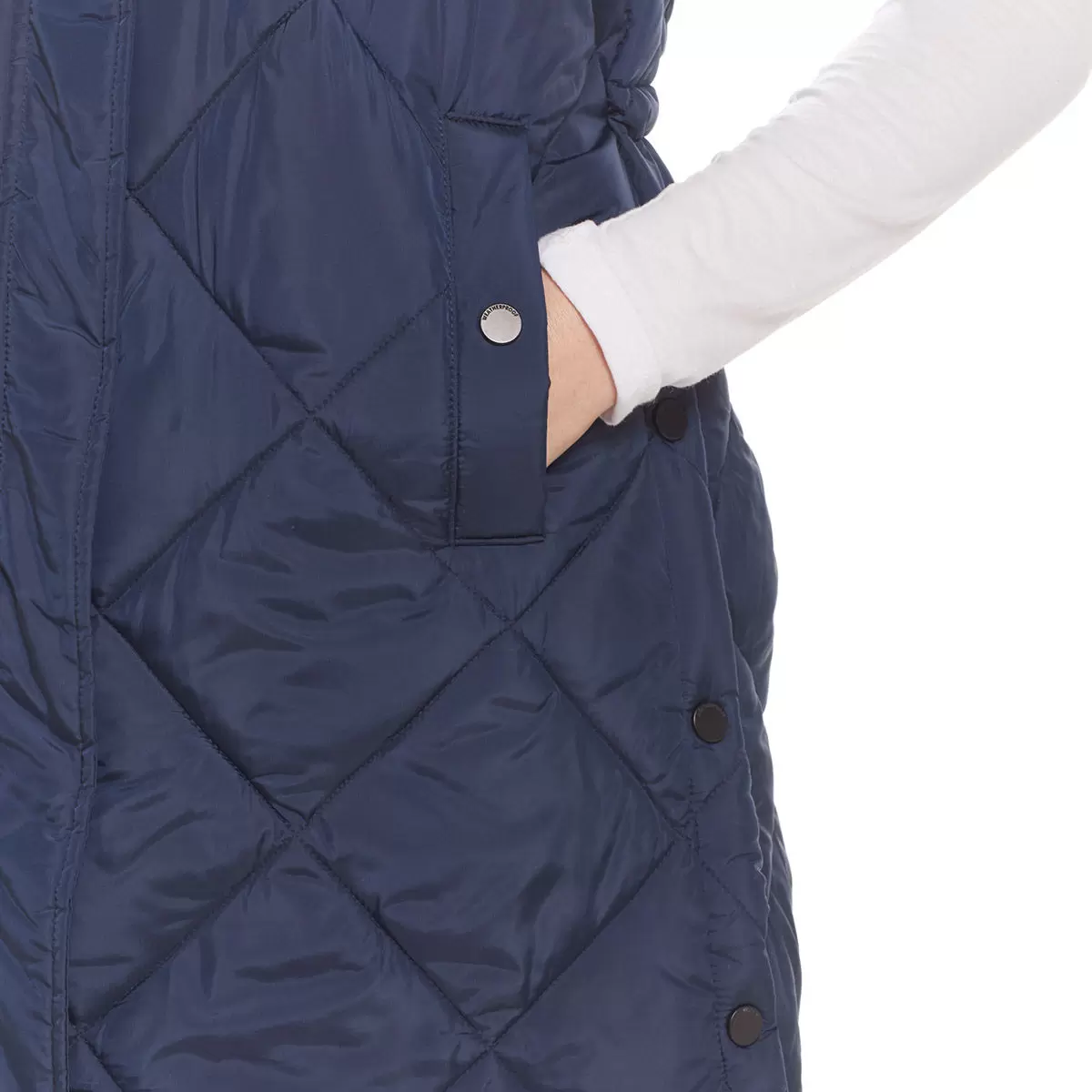 Weatherproof 女連帽菱格長版背心 深藍