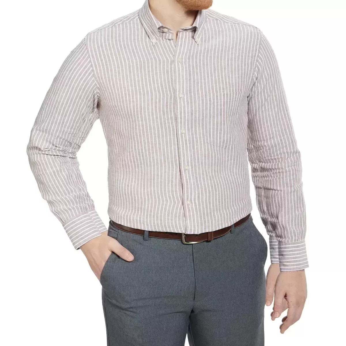Oxford New York 男長袖亞麻混紡襯衫 棕白條紋 XL