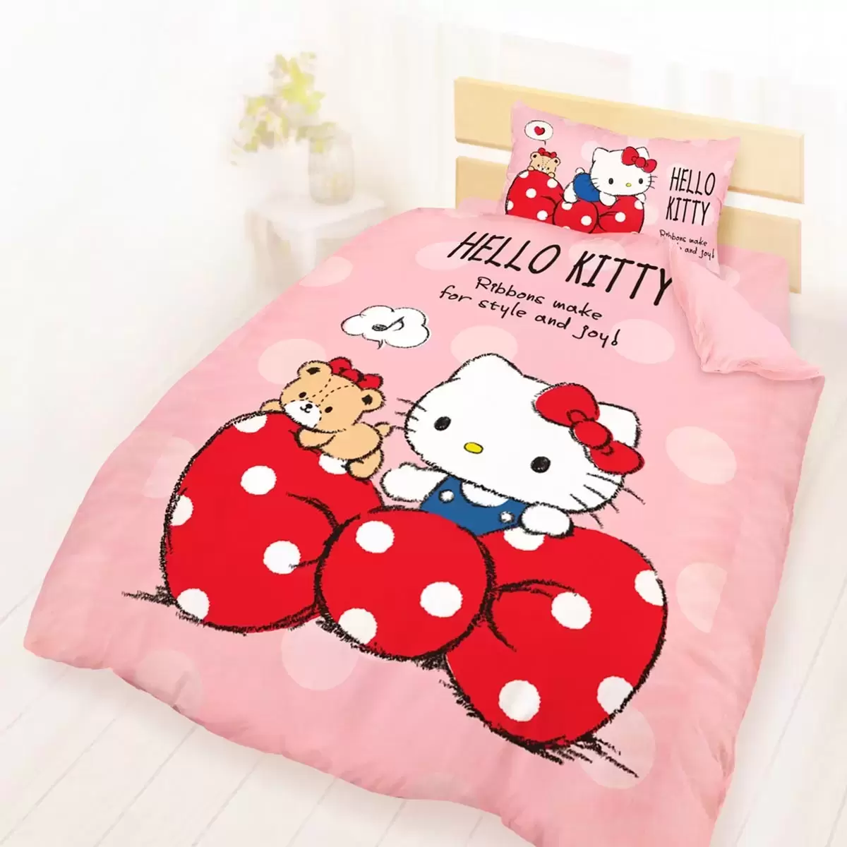 100%純棉單人兩用床包被套 3件組 107公分 X 190公分 Hello Kitty 點點蝴蝶結