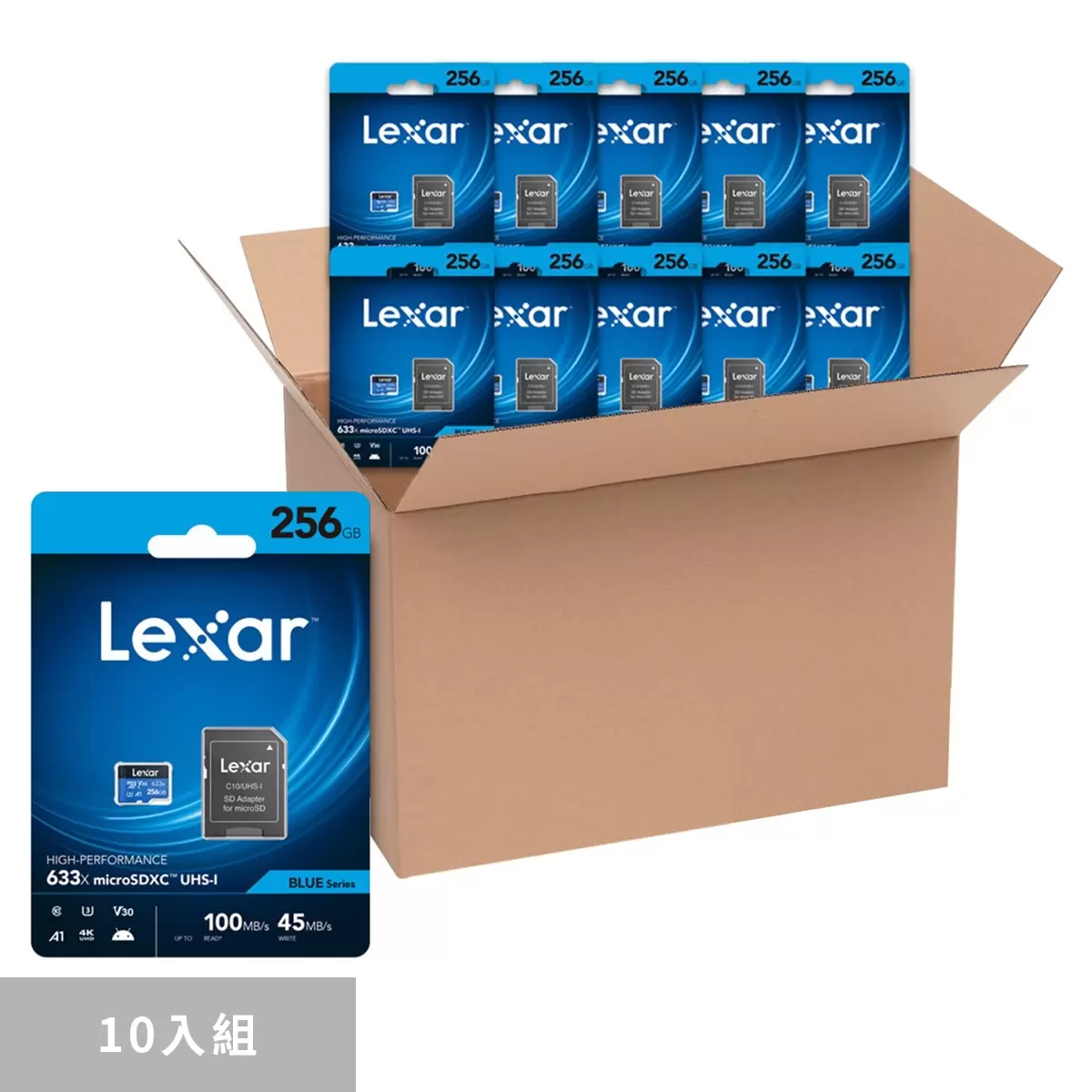 Lexar 雷克沙 High-Performance 633x 256GB microSDXC UHS-I 記憶卡含SD轉接卡 10入組