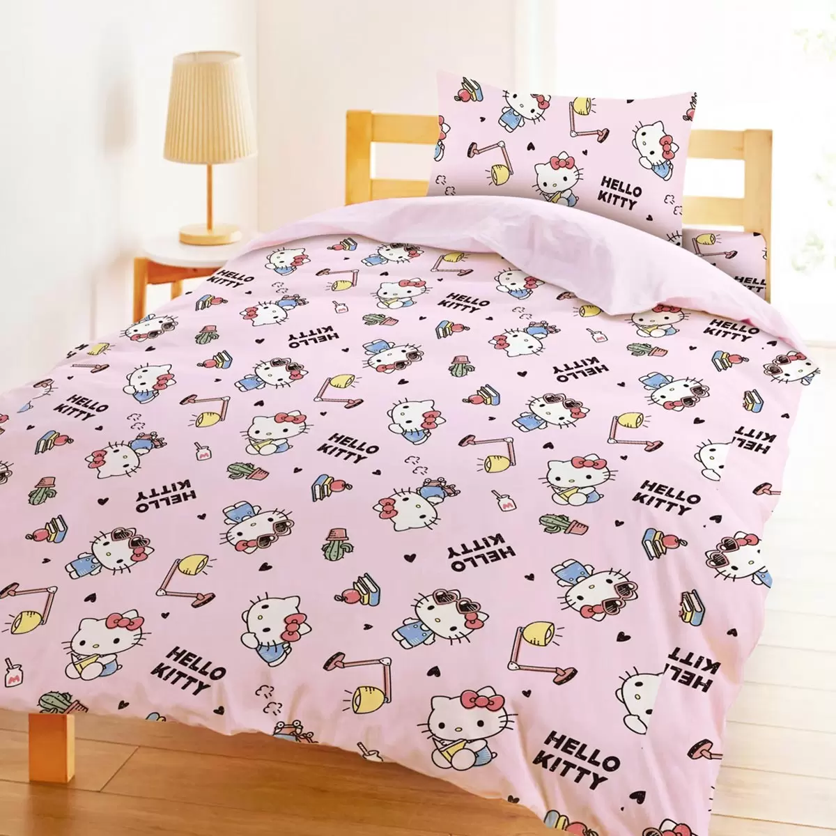 100%純棉單人兩用床包被套 3件組 107公分 X 190公分 Hello Kitty 簡單小文青 粉
