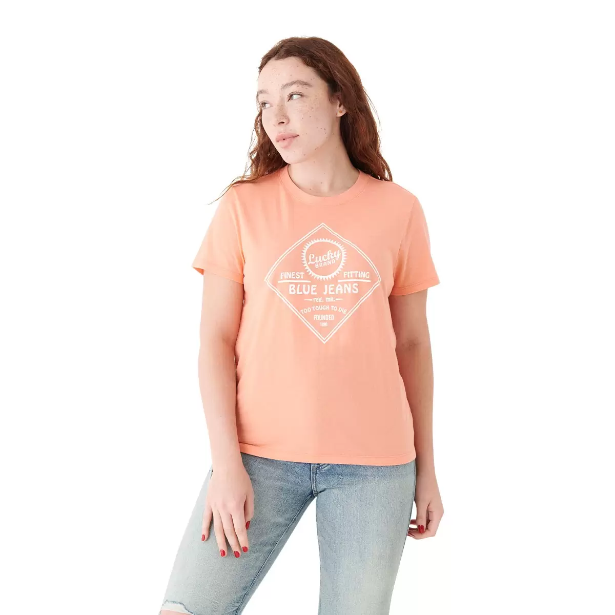 Lucky Brand 女圓領印花短袖上衣 橘 XS