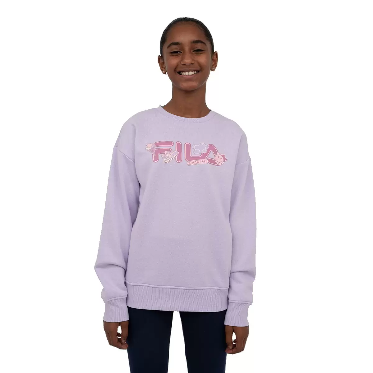 Fila 兒童圓領刷毛長袖上衣 粉紫