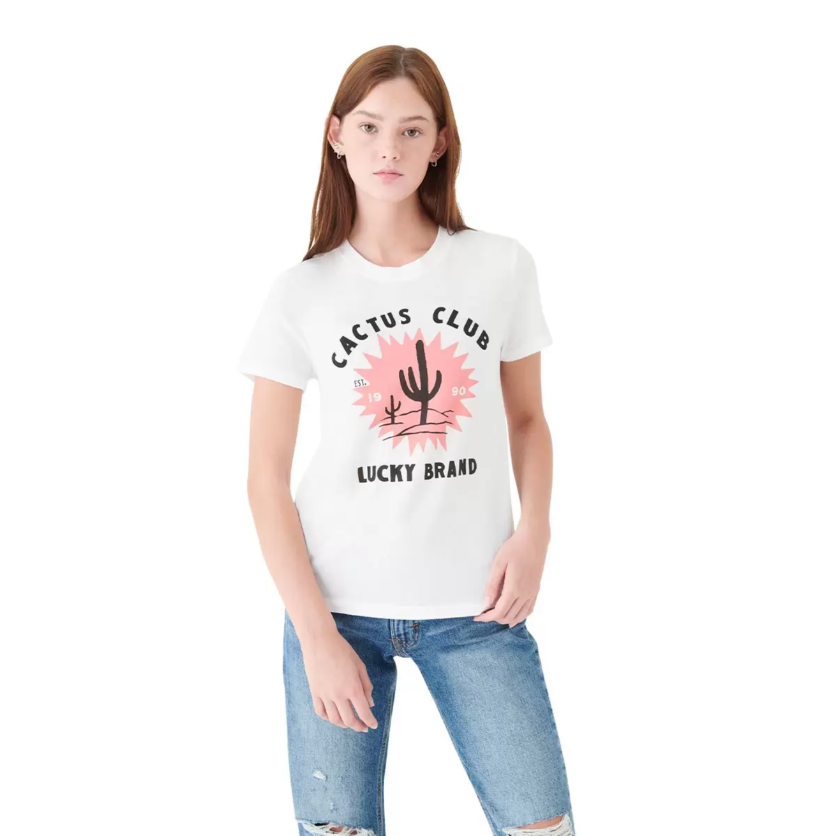 Lucky Brand 女圓領印花短袖上衣
