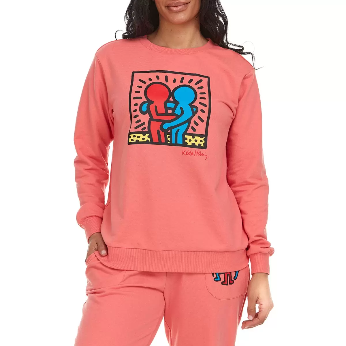 Keith Haring 女印花休閒長袖上衣 粉 XL