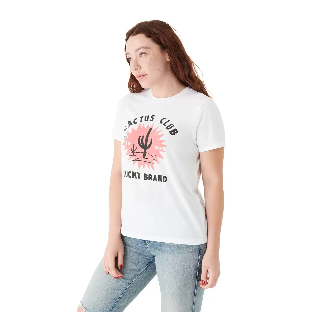 Lucky Brand 女圓領印花短袖上衣 白 S