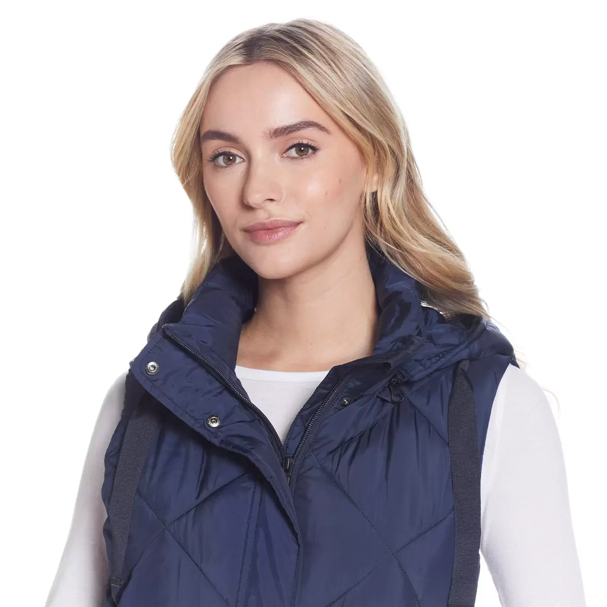 Weatherproof 女連帽菱格長版背心 深藍