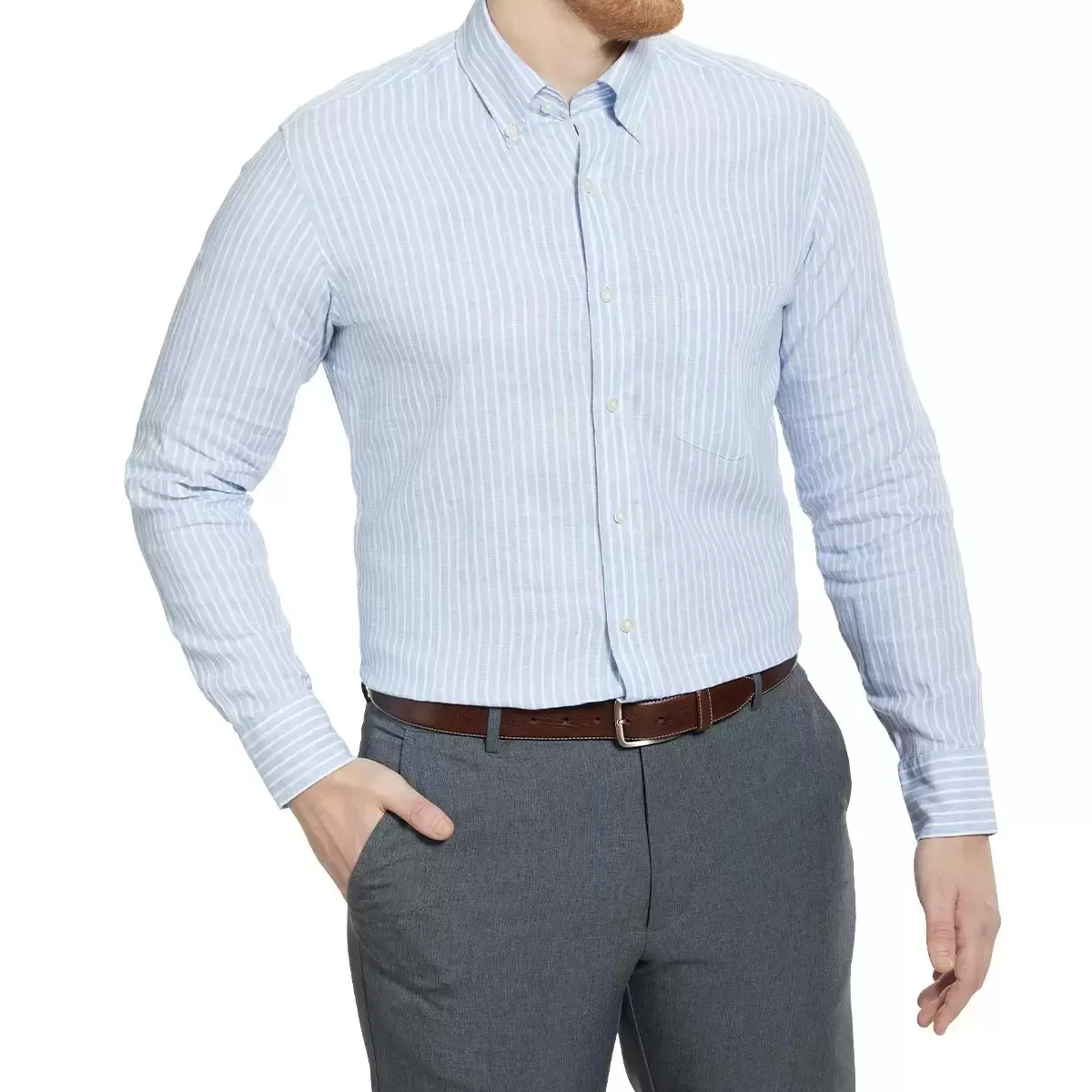 Oxford New York 男長袖亞麻混紡襯衫 藍白條紋 S