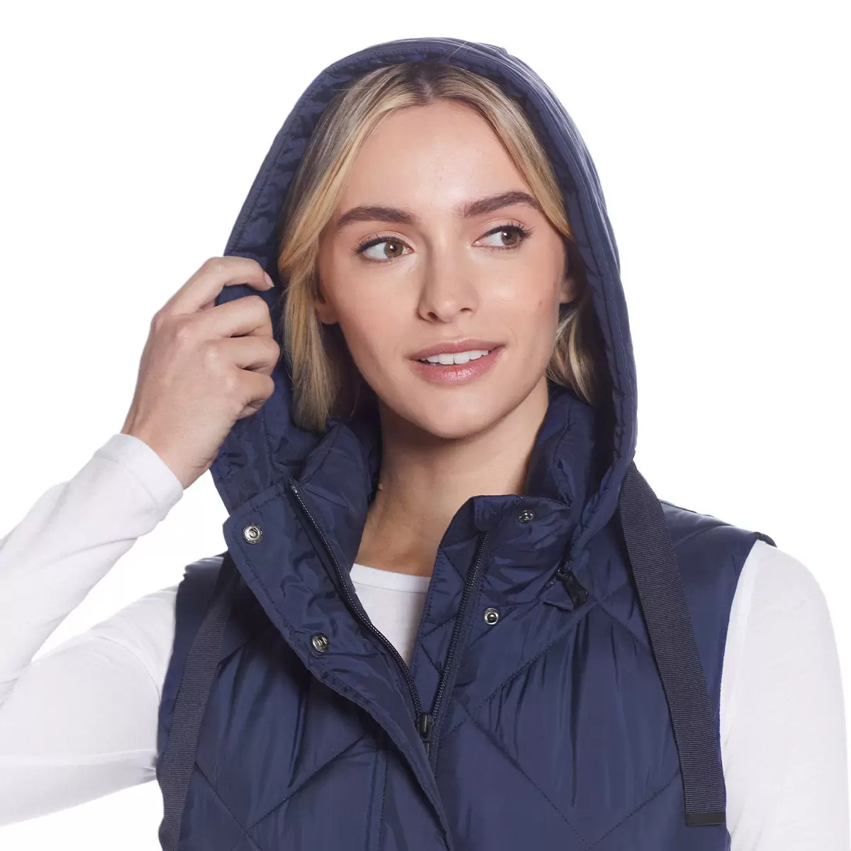 Weatherproof 女連帽菱格長版背心 深藍