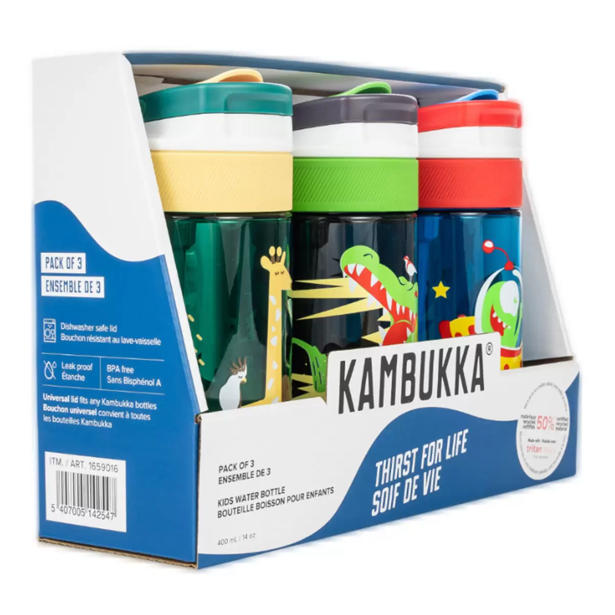 Kambukka 兒童隨身水瓶 400毫升 X 3件組 鱷魚 + 長頸鹿 + 外太空