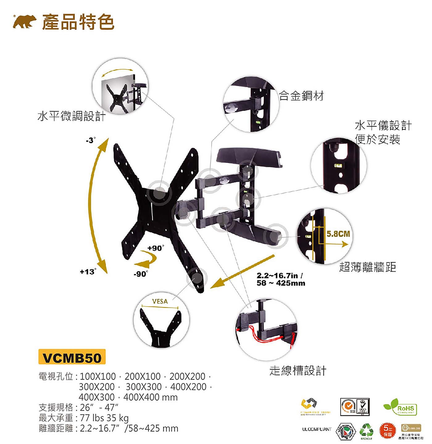 US Brown Bear 電視壁掛架 VCMB50 適用26吋 - 47吋電視