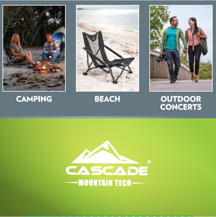 Cascade 戶外摺疊椅適用於露營，沙灘，體育賽事，露天音樂會和更多的戶外活動！這低款設計摺叠椅最高可承載１１３公斤，重量輕，簡單收納，讓您輕鬆的帶出門。
