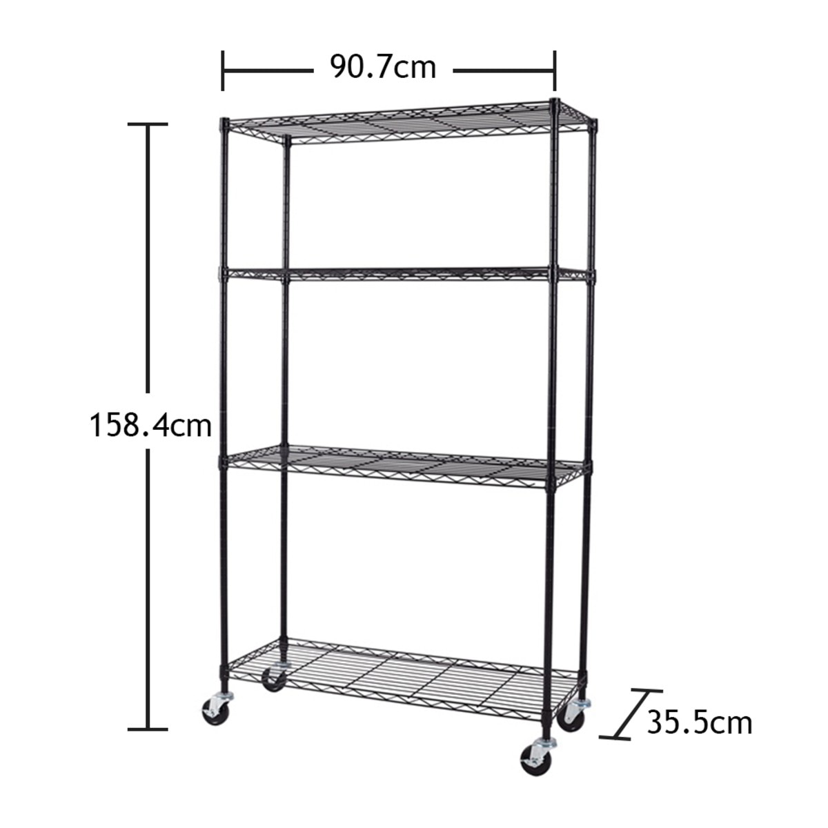 Trinity 四層附滾輪收納鐵架，尺寸細節90x35.5x158.4cm，可自由調整每層高度，放塑膠收納箱、裝飾品、文件都好方便。