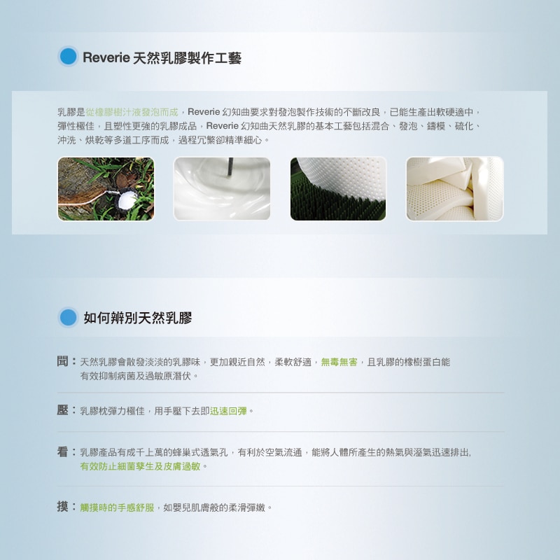 Reverie 人體工學乳膠枕，用其天然乳膠製作工藝，由橡膠樹汁液發泡而成.