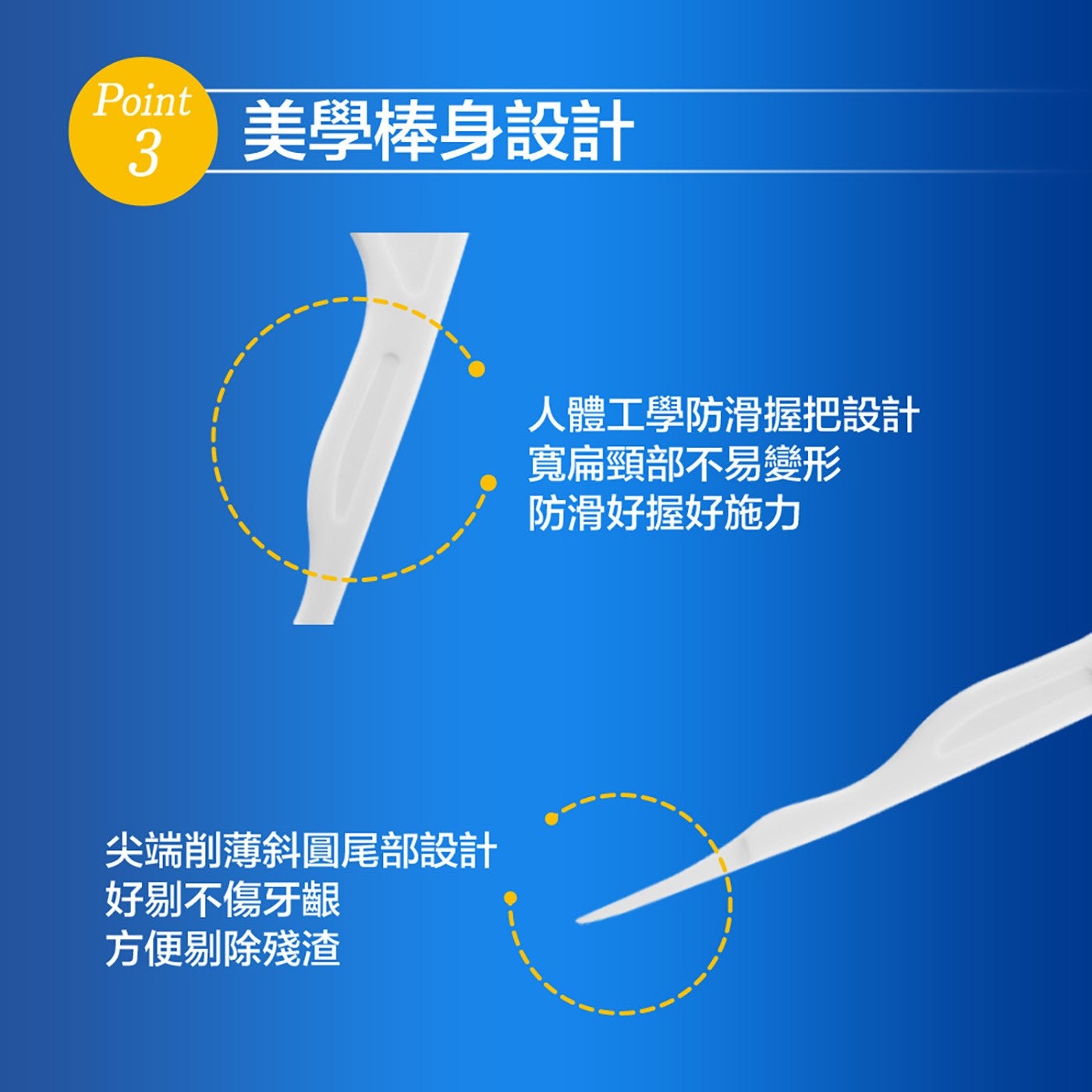 美學棒身設計尖端削薄斜圓尾部設計好剔不傷牙齦方便剔除殘渣人體工學防滑握把設計寬扁頸部不易變形防滑好握好施力