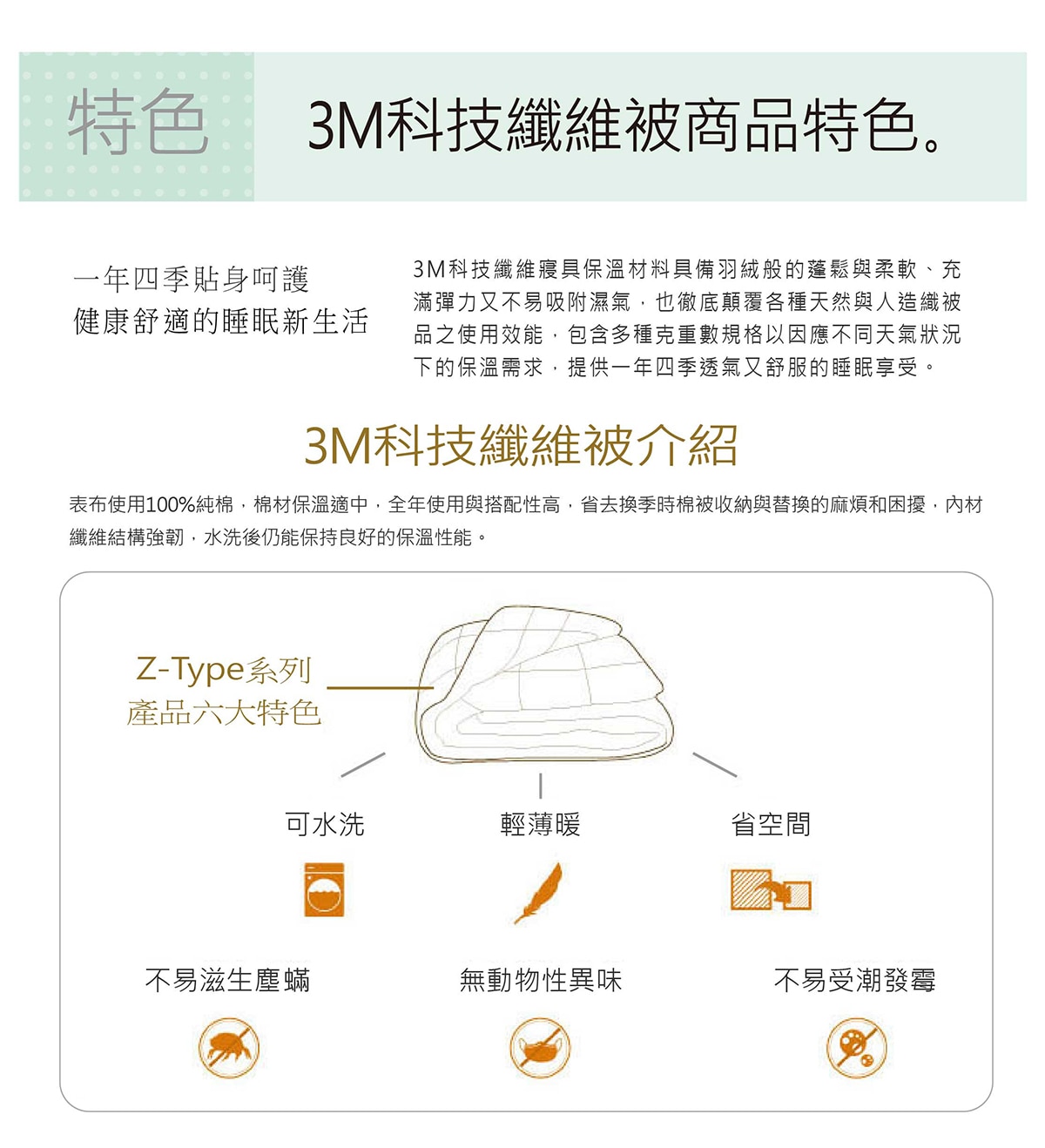 3M科技纖維被介紹,可水洗,輕薄暖,省空間,不易孳生塵螨,無異味,不易受潮發霉