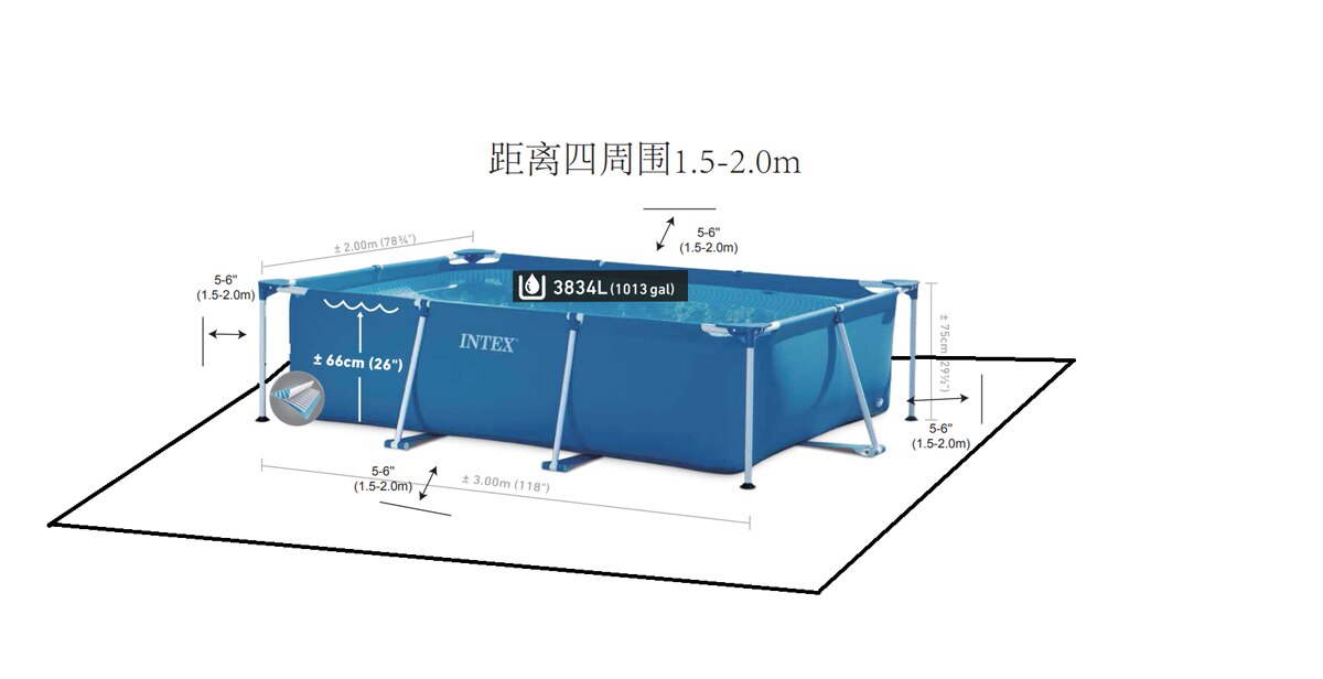 Intex ３x２公尺金屬支架方形泳池，水容量：約 ３８３４公升，產品含：泳池、過濾幫浦、遮罩，３０分鐘可以完成蓄水。