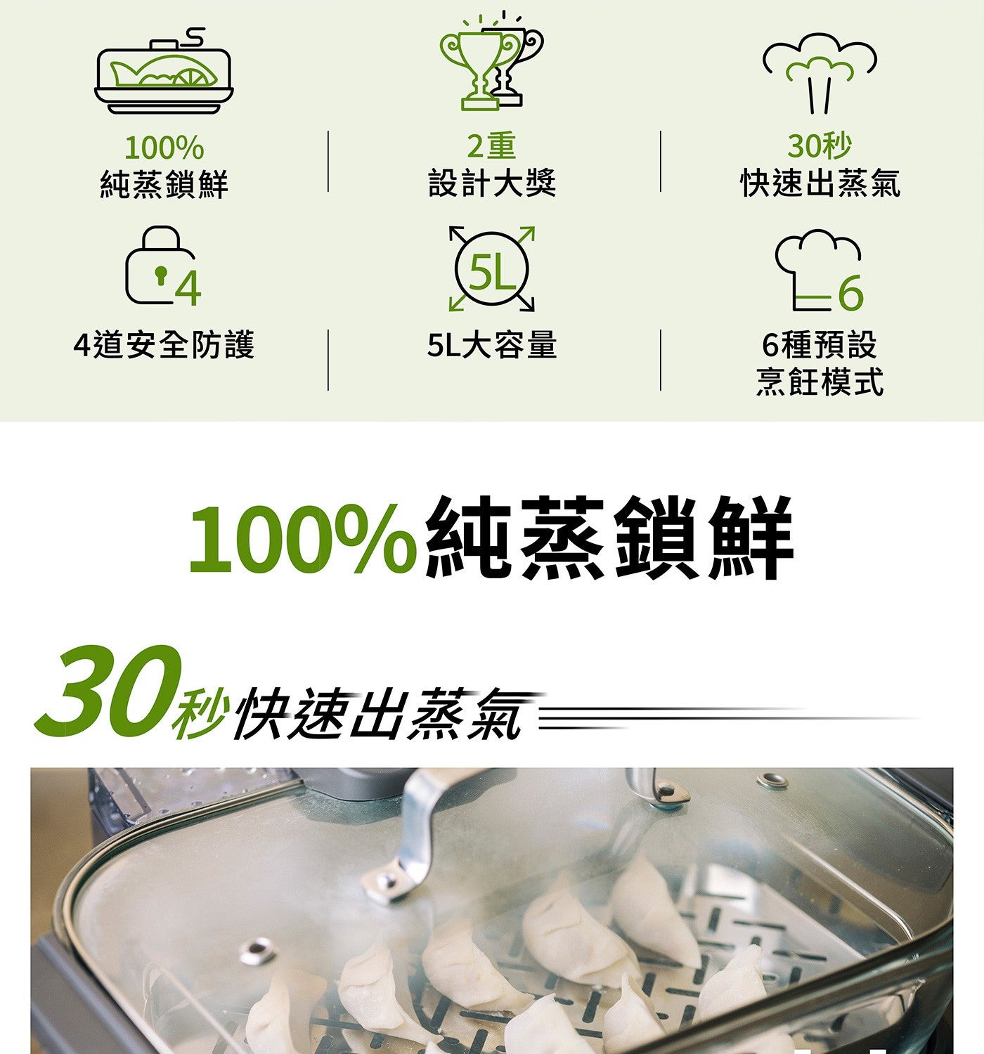 美膳雅玻璃蒸鮮鍋100%純蒸鎖鮮，30秒快速出蒸氣，均勻加熱食材不混味，5L大容量全透明玻璃蒸鍋，蒸煮狀態一目了然，6種預設烹飪模式，一鍵烹調免顧火。