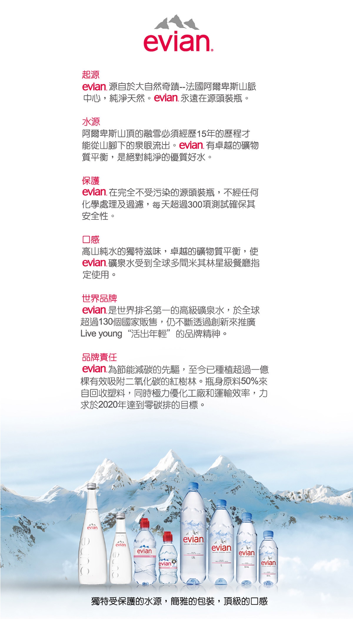 Evian 天然礦泉水起源於阿爾卑斯山脈,源頭裝瓶保持純淨,不經任何化學處理及過濾,超過300項測試的檢驗確保安全。含卓越的礦物質平衡,受到多間米其林餐廳使用,瓶身來自回收塑料。