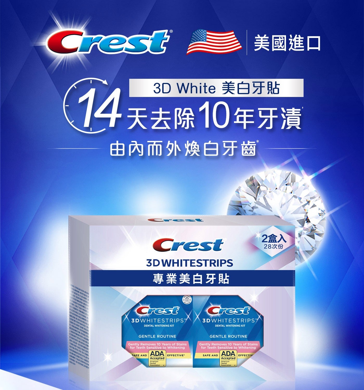 美國進口 3D White 美白牙貼 14 天去除 10 年牙漬由內而外煥白牙齒 2 盒入 28 次份專業美白牙貼