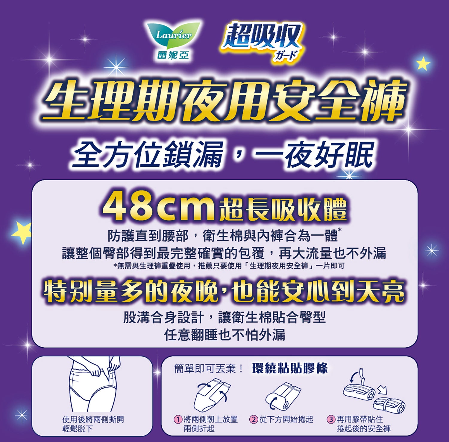 蕾妮亞超吸收夜用褲型衛生棉,全方位鎖漏 一夜好眠,48公分超長吸收體,特別量多的夜晚 也能安心到天亮.