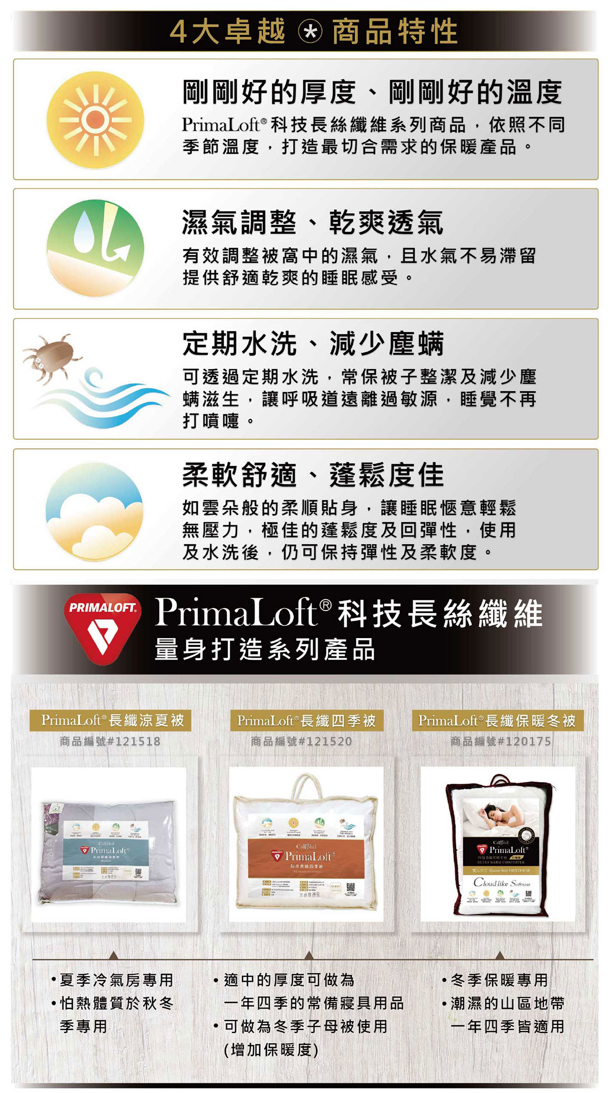 Caliphil PrimaLoft長纖涼夏被柔軟舒適且蓬鬆度佳，具有剛好的厚度與濕度調整,可定期水洗減少塵螨.