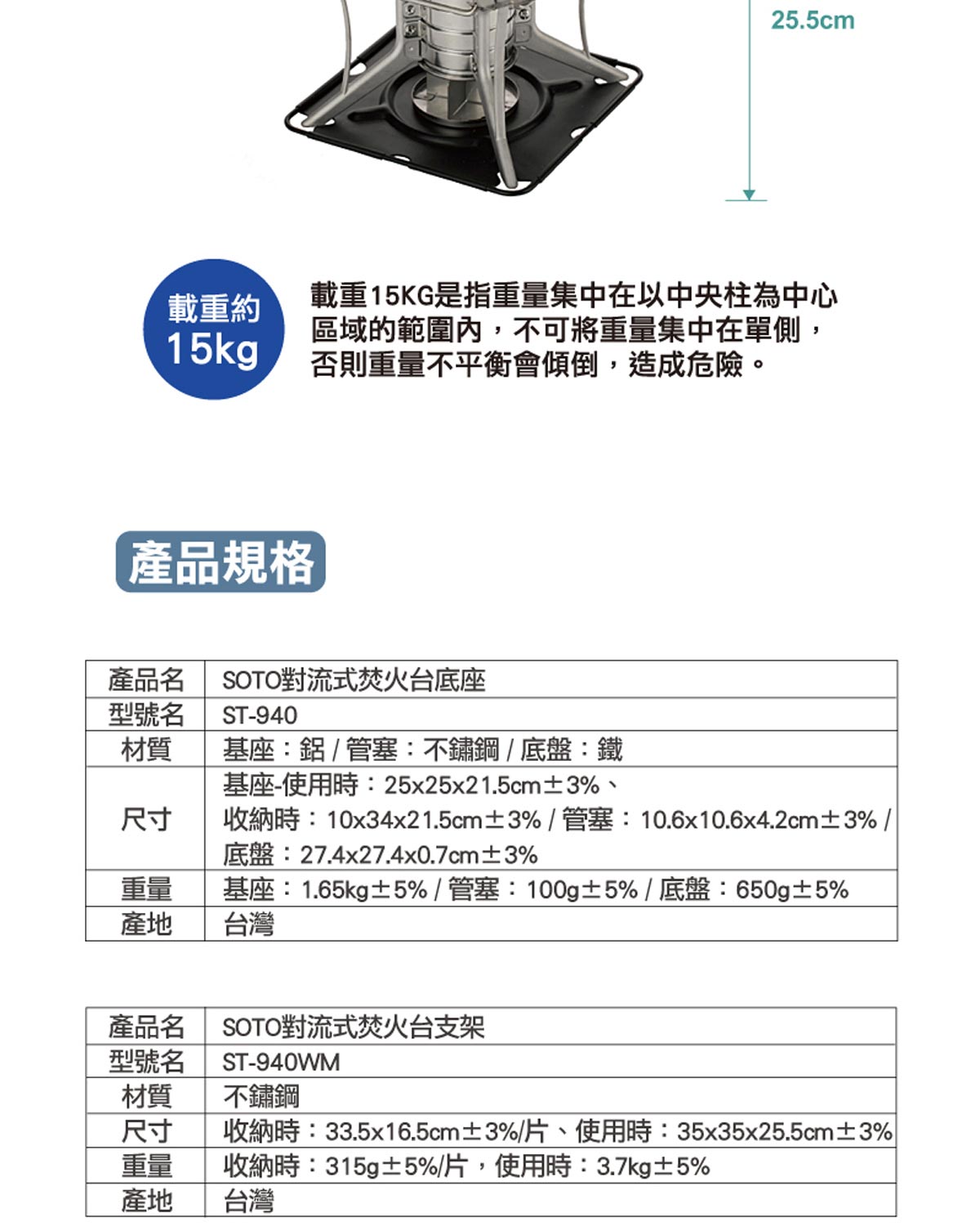 SOTO 中型對流焚火台,載重15公斤是指重量集中在以中央柱為中心區域的範圍內,不可將重量級中在單側,否則重量不平衡會傾倒,造成危險.