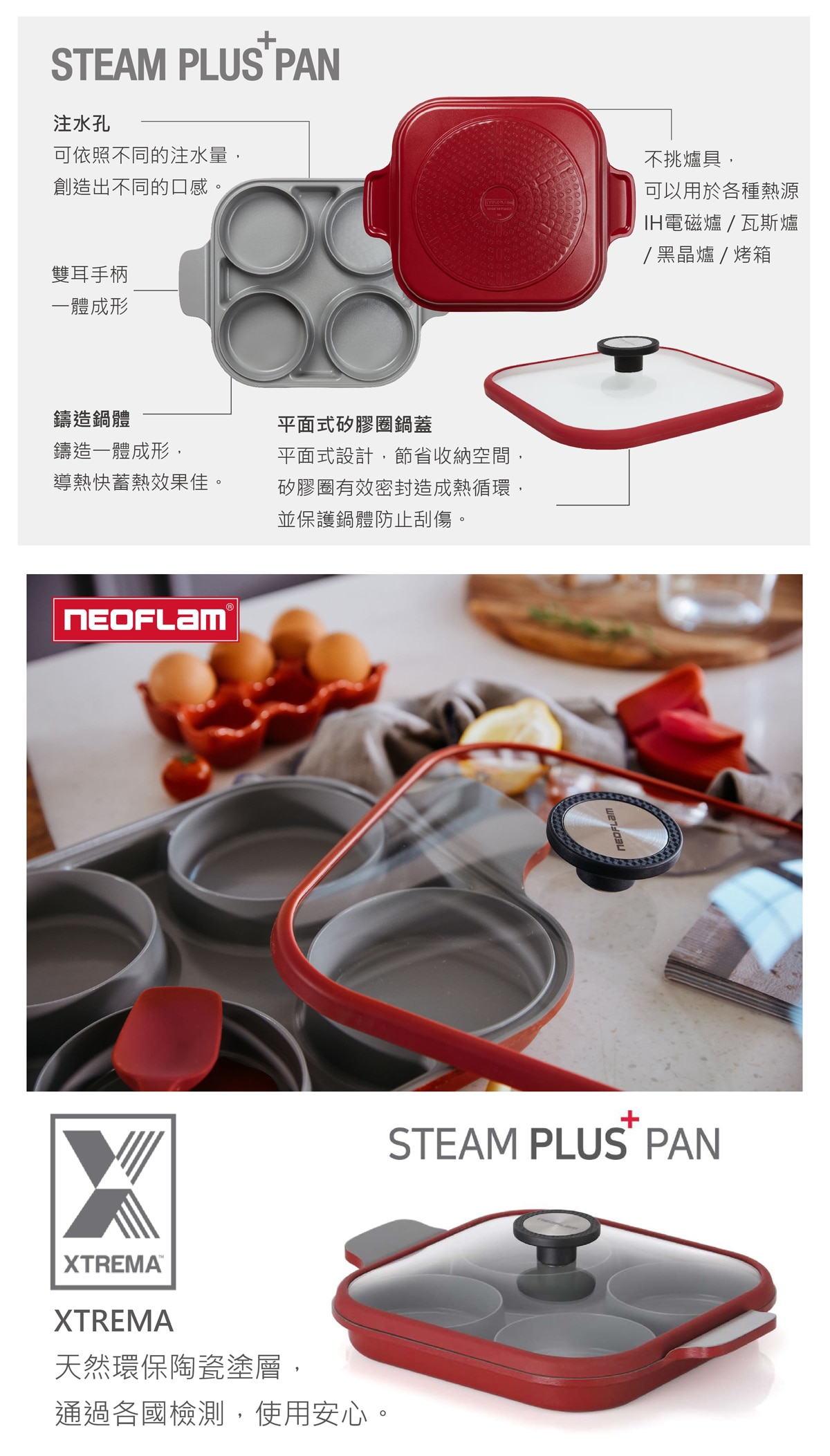 NEOFLAM Steam Plus Pan系列烹飪神器，使用天然環保陶瓷塗層，一體成形，雙耳手柄，矽膠圈鍋蓋防止鍋具碰傷，可以不挑爐具使用。