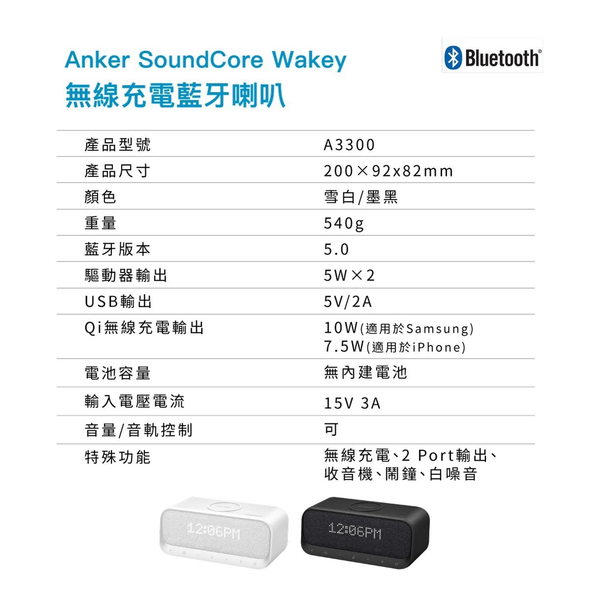 ANKER 無線充電藍牙音箱，特殊功能：無線充電，2 Port輸出，收音機，鬧鐘以及白噪音。