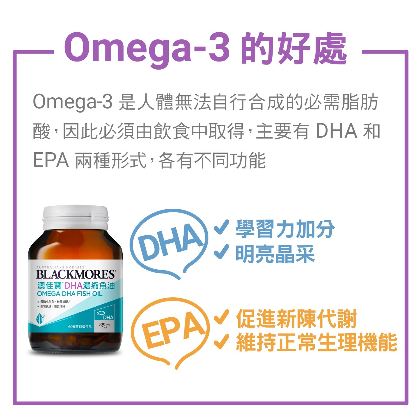 Omega-3 的好處 是人體無法自行合成的必需脂肪 酸,因此必須由飲食中取得,主要有 DHA