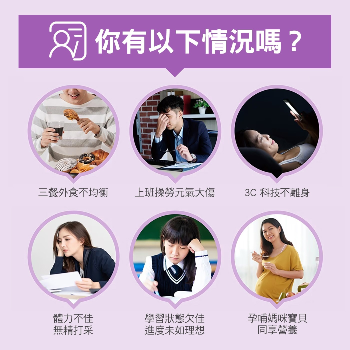 1 你有以下情況嗎? 三餐外食不均衡 上班操勞元氣大傷 3C 科技不離身 體力不佳 無精打采