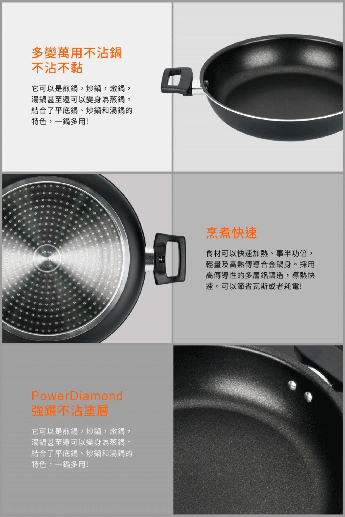 Farberware 30cm多功能不沾萬用鍋三鍋組，煎鍋+湯鍋+蒸籠一應具全，強鑽層三層不沾塗層設計，適用各式爐具。