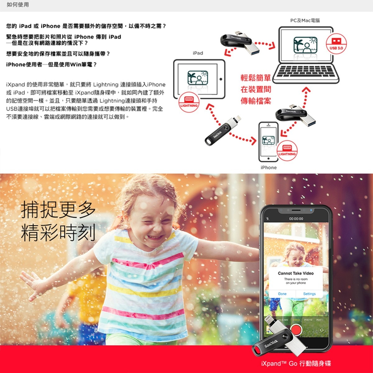 SANDISK APPLE雙頭碟,128GB IXPAND USB3.0,支援IOS / PC,輕鬆簡單,在裝置間傳輸檔案.