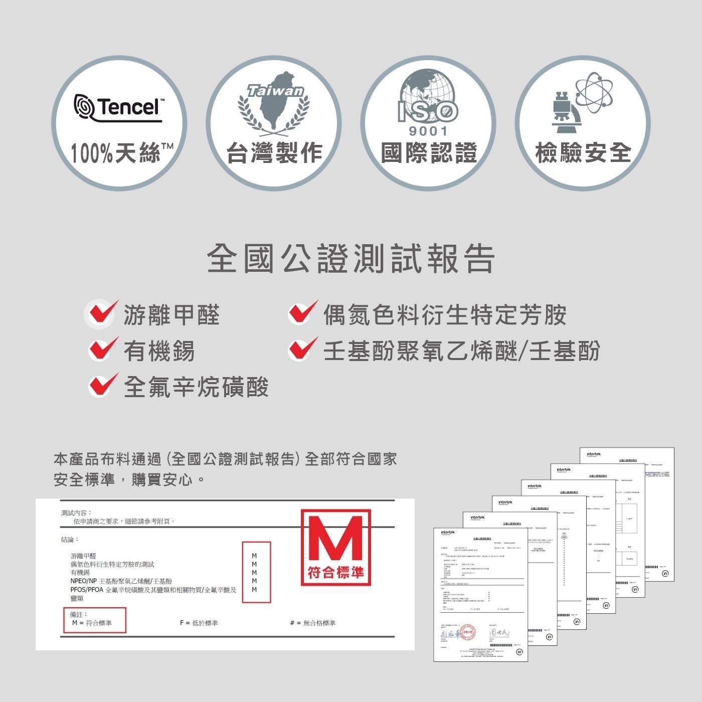 Taiwan TencelTM ISO 100天絲TTM 台灣製作 國際認證 檢驗安全 全國公證測試報告 游離甲醛 有機錫 全氟辛烷磺酸 偶氮色料衍生特定芳胺 壬基酚聚氧乙烯醚/壬基酚...