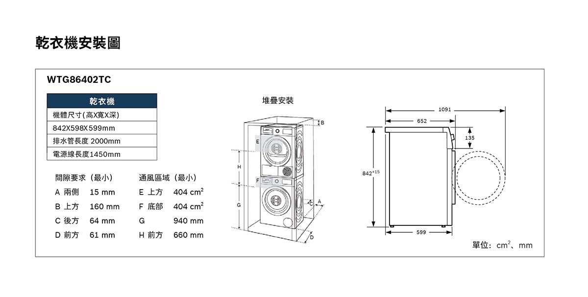 BOSCH 九公斤乾衣機，德國工藝，15種智慧乾衣行程加濕度感應器，精準掌控衣物最佳乾溼比例，細緻低溫烘乾，搭配專屬堆疊架，全新加大LED螢幕設計，輕鬆操控；具兒童安全鎖，3D立體攪拌翼，錐形黃金椎，智慧烘乾電子感測。