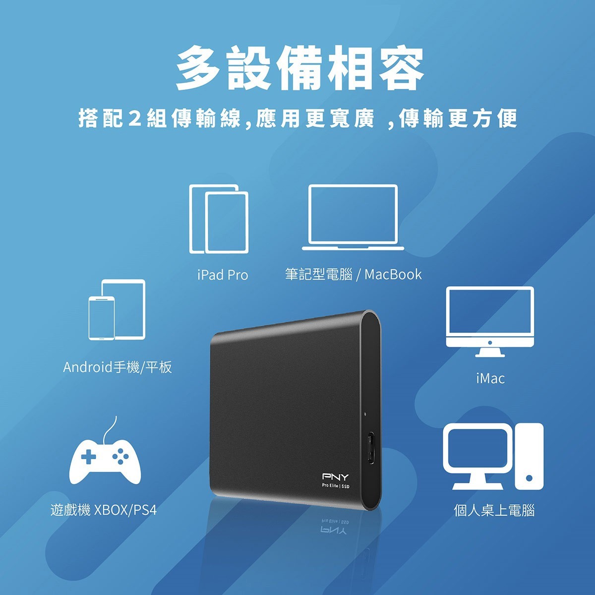 PNY Pro Elite USB3.1 Type-C 500G外接式固態硬碟，讀取速度最高可達每秒865MB，寫入速度最高可達每秒875MB，低功率消耗。