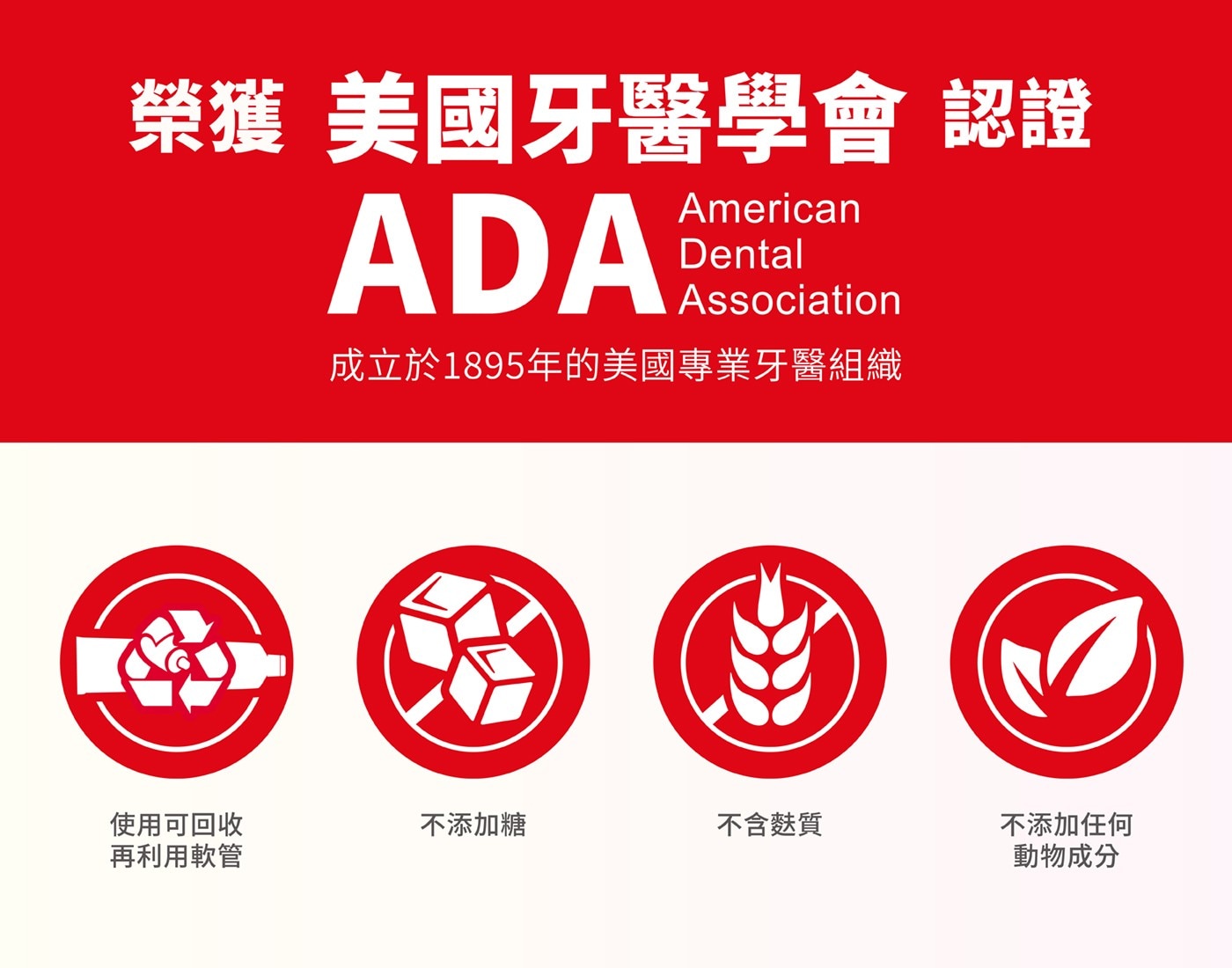 榮獲美國牙醫學會 認證 使用可回收再利用軟管 不添加糖 不含麩質 不添加任何動物成分