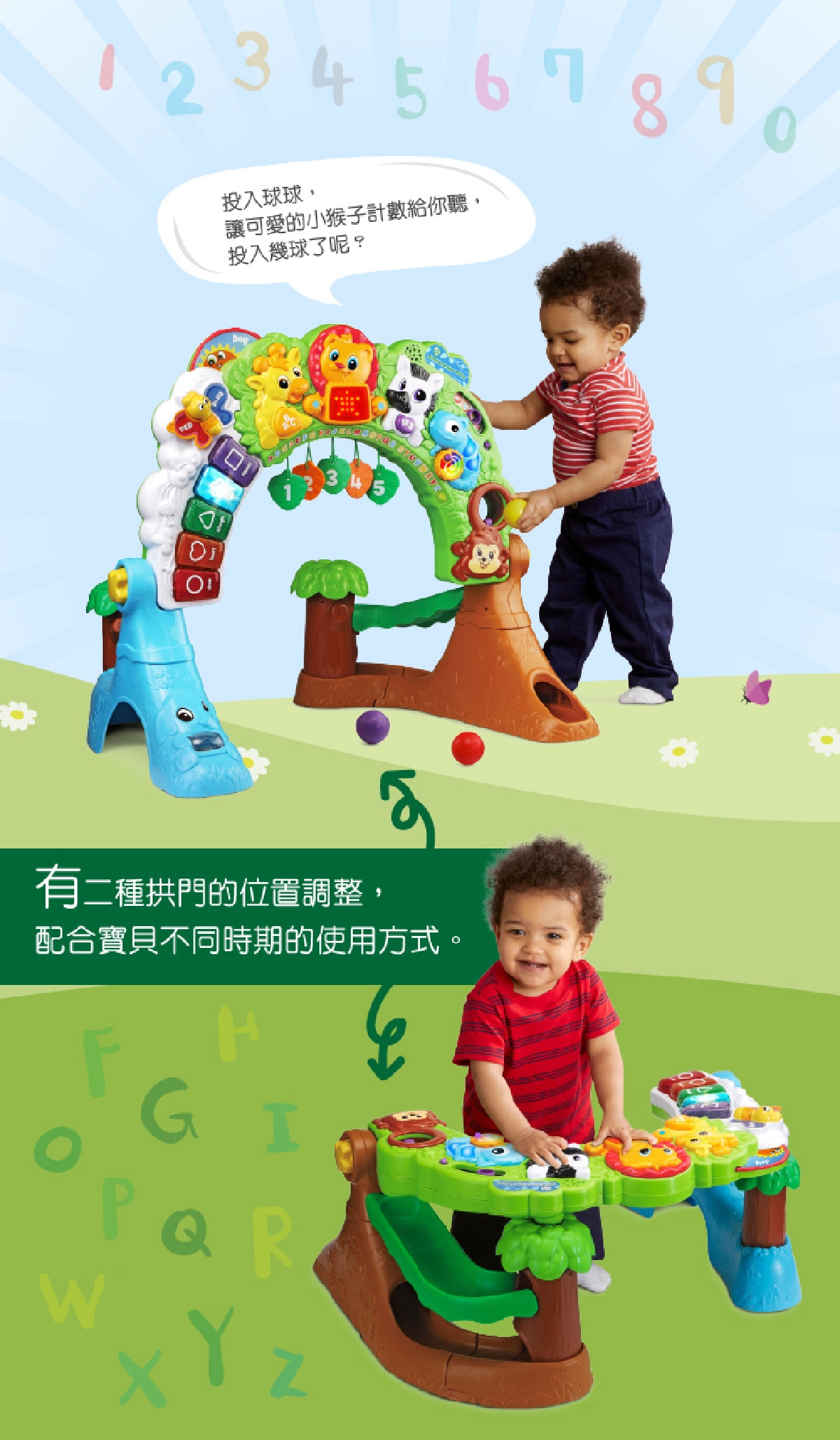 森林動物探險健力架，投入球球，讓可愛的小猴子計數給你聽，有兩種拱門的位置調整，配合寶貝不同時期的使用方式。