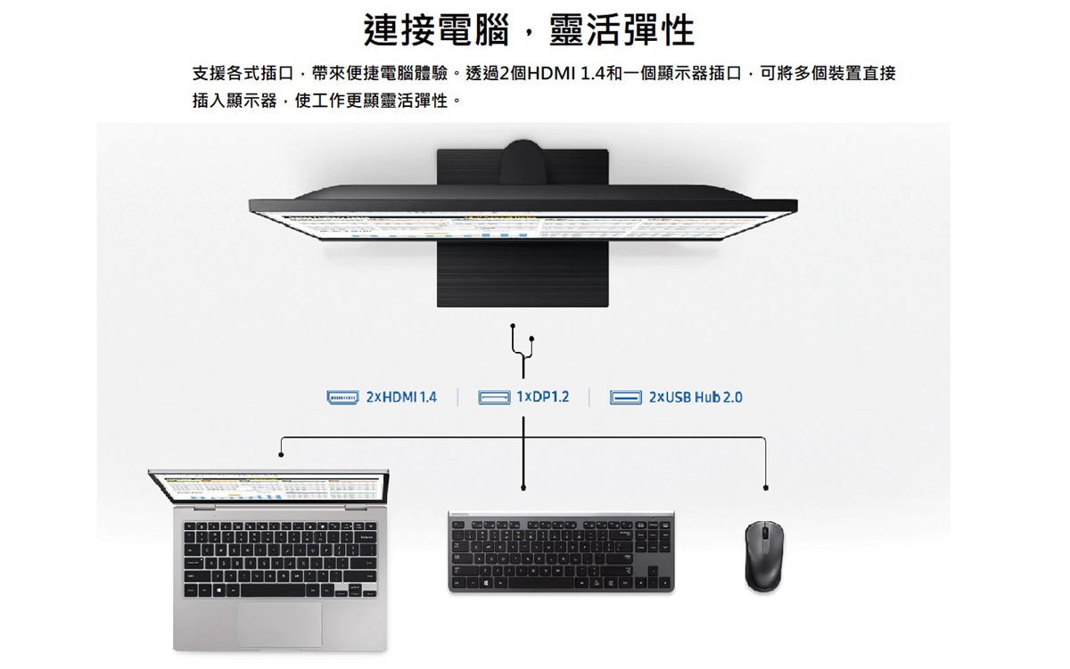 SAMSUNG 16:9平面專業顯示器，支援各式插口，帶來便捷電腦體驗。透過2個HDMI 1.4和一個顯示器插口，可將多個裝置直接插入顯示器，使工作更顯靈活彈性。