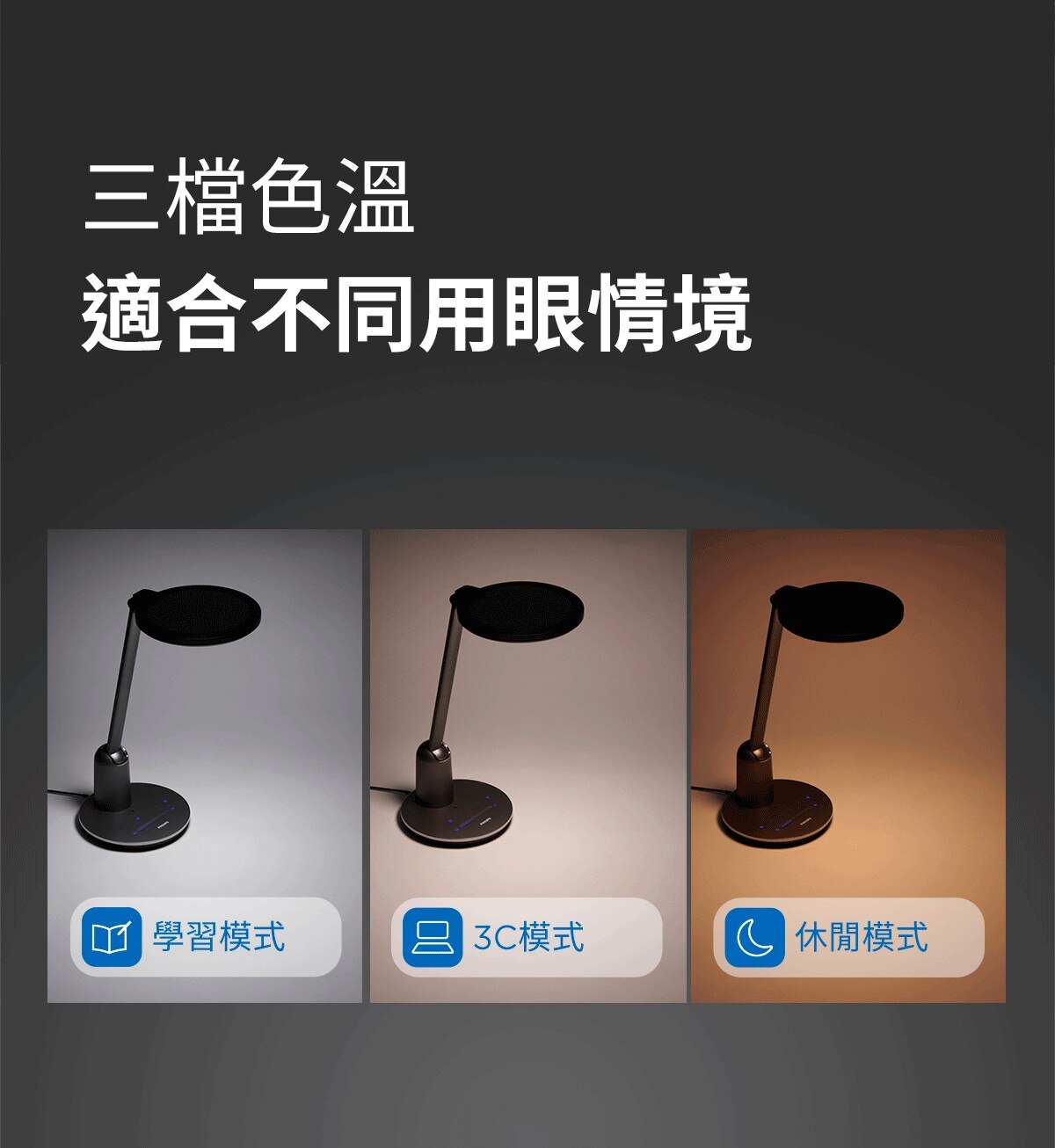 飛利浦軒坦雙感測檯燈蜂巢防眩光設計，國際IEC無藍光危害認證，自動光感亮度調節，無段數亮度調光槽，三種色溫模式。