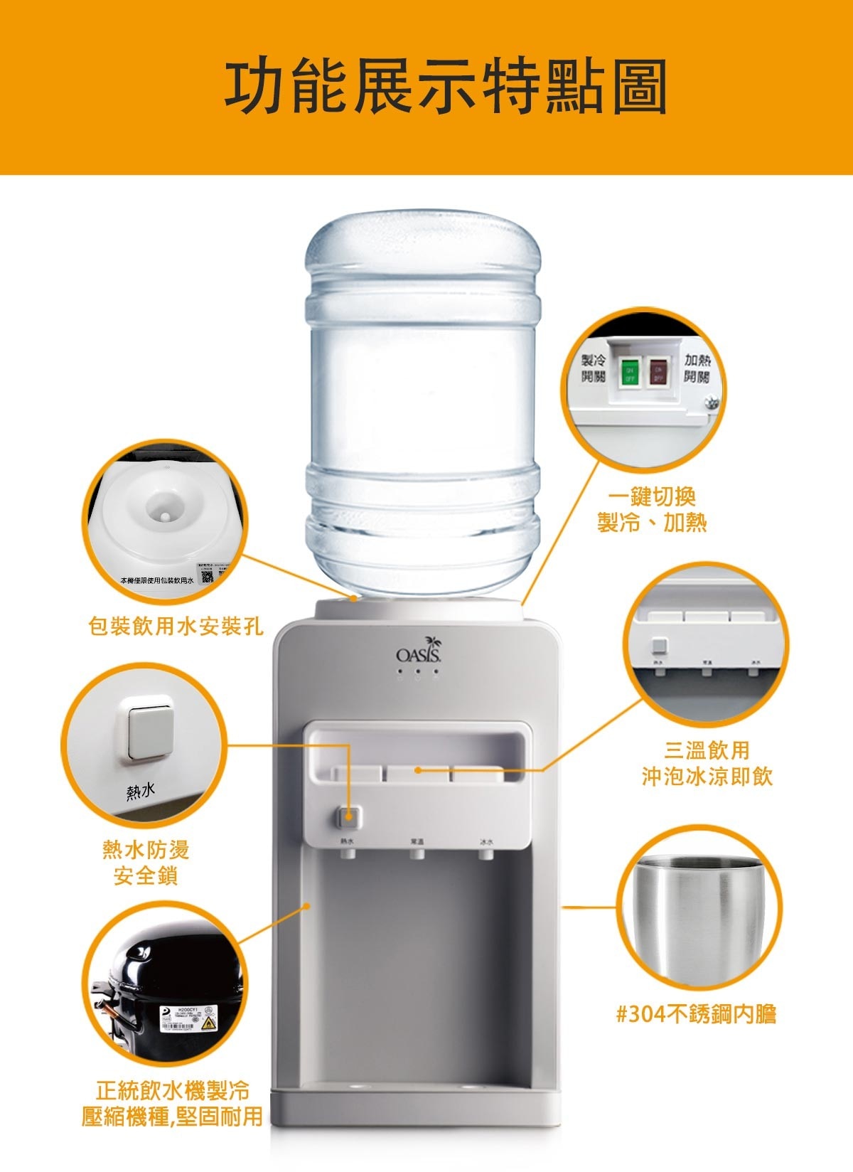 Oasis 桌上型三溫桶裝水飲水機 BAPCJ1SHSK，使用市售桶裝水規格皆適用，溫控防乾燒功能，食品級內件，不鏽鋼內內膽，耐用無味。