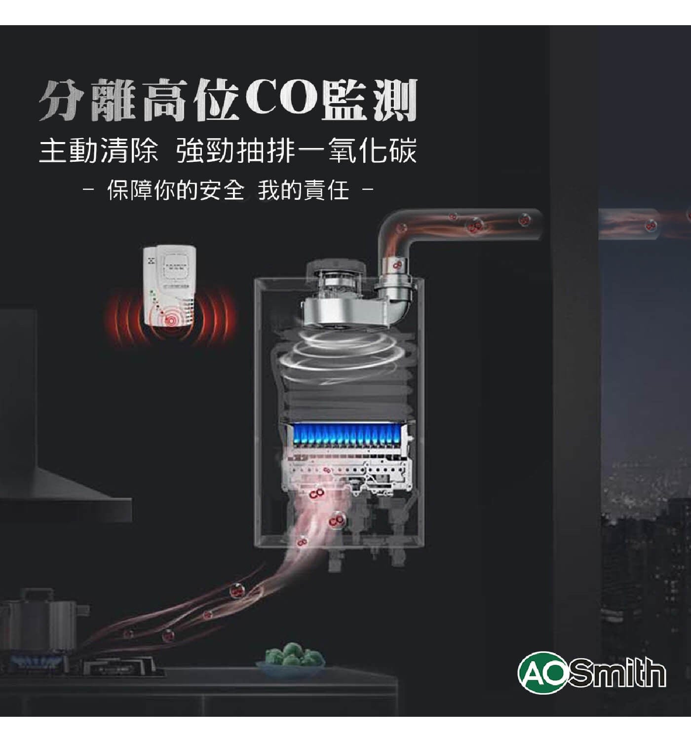 分離高位CO監測 主動清除 強勁抽排一氧化碳 保障你的安全 我的責任 CO AOSmith