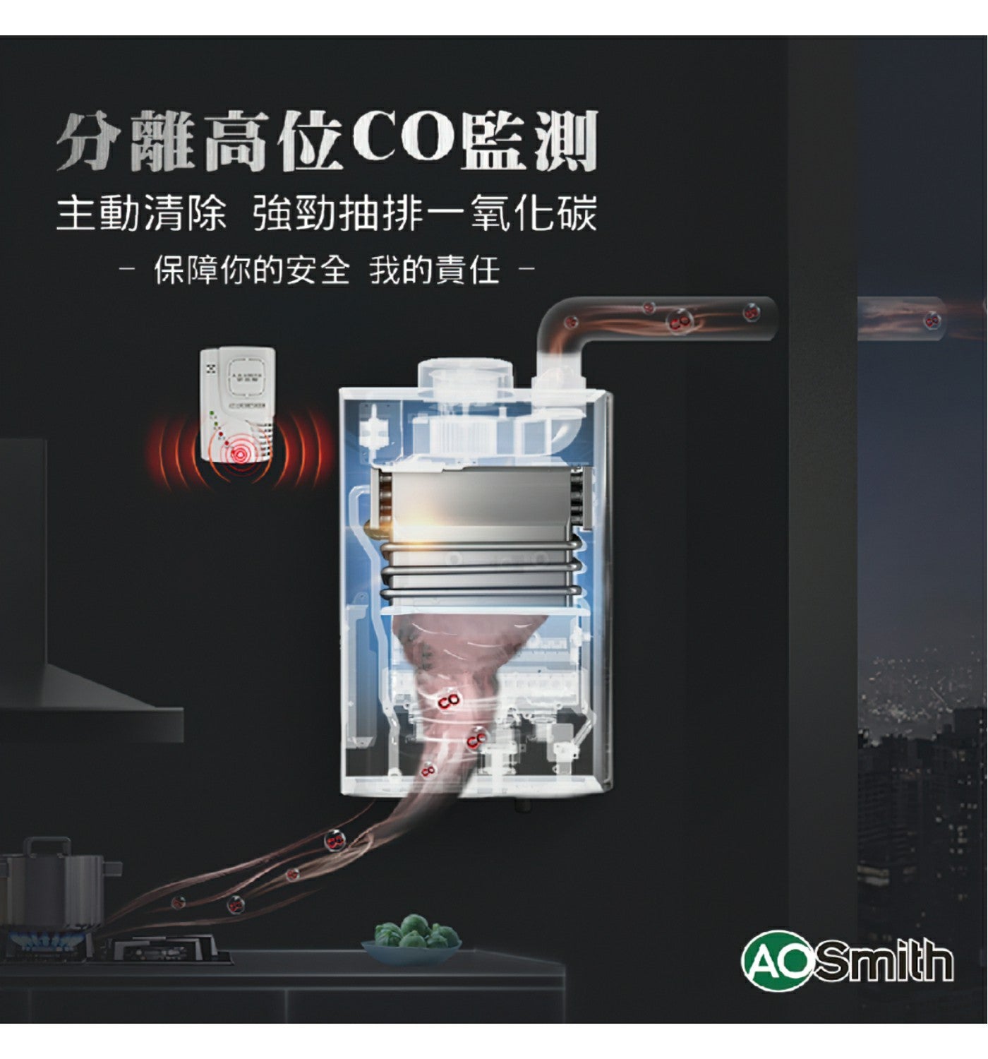 分離高位CO監測 主動清除 強勁抽排一氧化碳 保障你的安全 我的責任 CO AOSmith