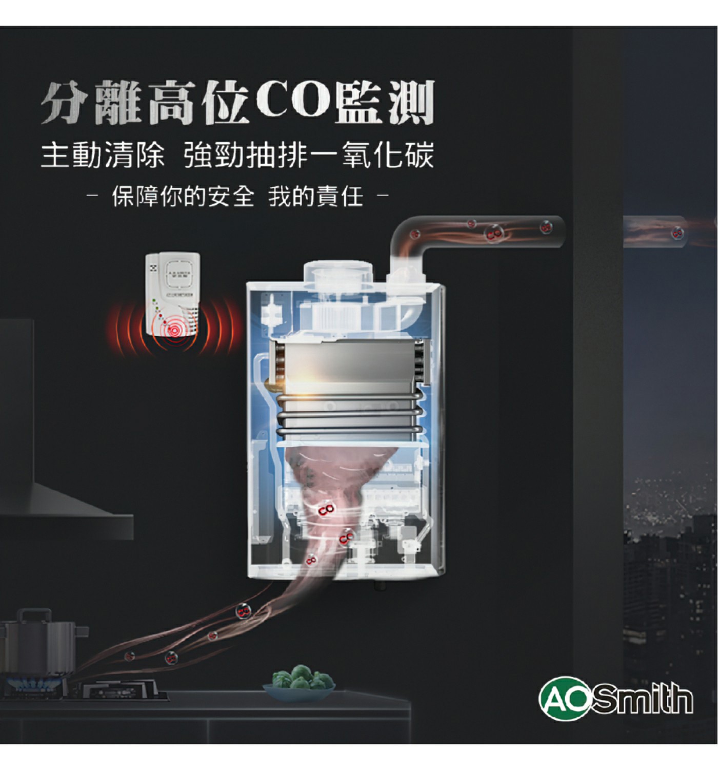 A.O.史密斯 24公升瓦斯熱水器商用級不鏽鋼，標配一氧化碳偵測警報，高抗12級風壓設計，能源效率2級。