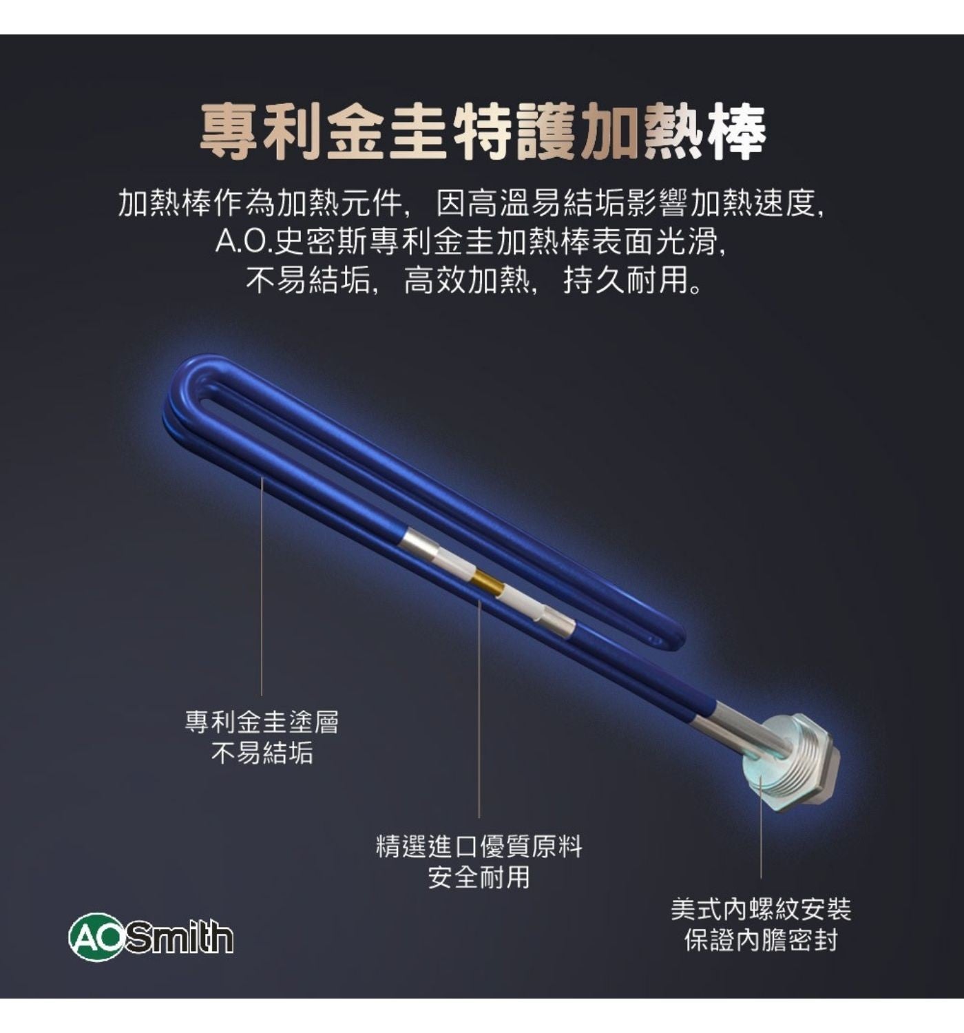 專利金圭特護加熱棒 加熱棒作為加熱元件,因高温易結垢影響加熱速度, A.O.史密斯專利金圭加熱棒表面光滑, 不易結垢,高效加熱,持久耐用。
